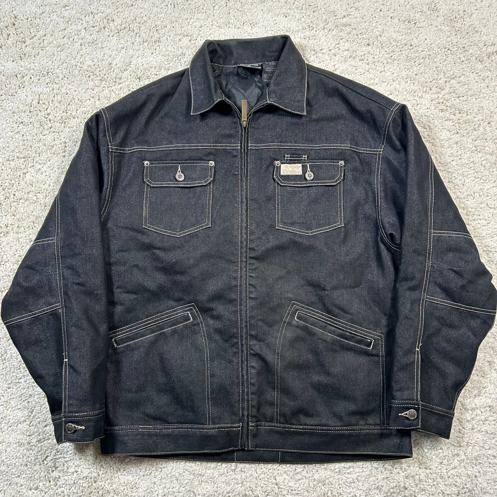 Vintage Rocawear Denim Jacket Large Black Quilted Lined Logo Zip Up Jean Y2K